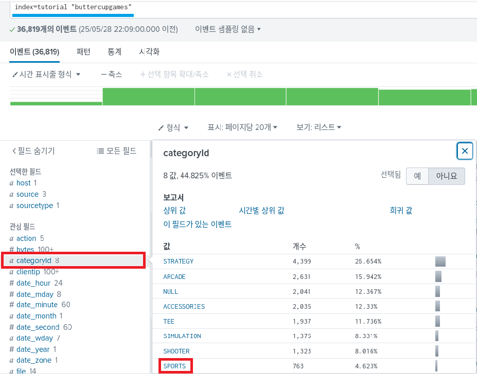 스플렁크 튜토리얼 2부/ splunk tutorial chapter 2 / 검색(search) 기본 3 search fields sidebar